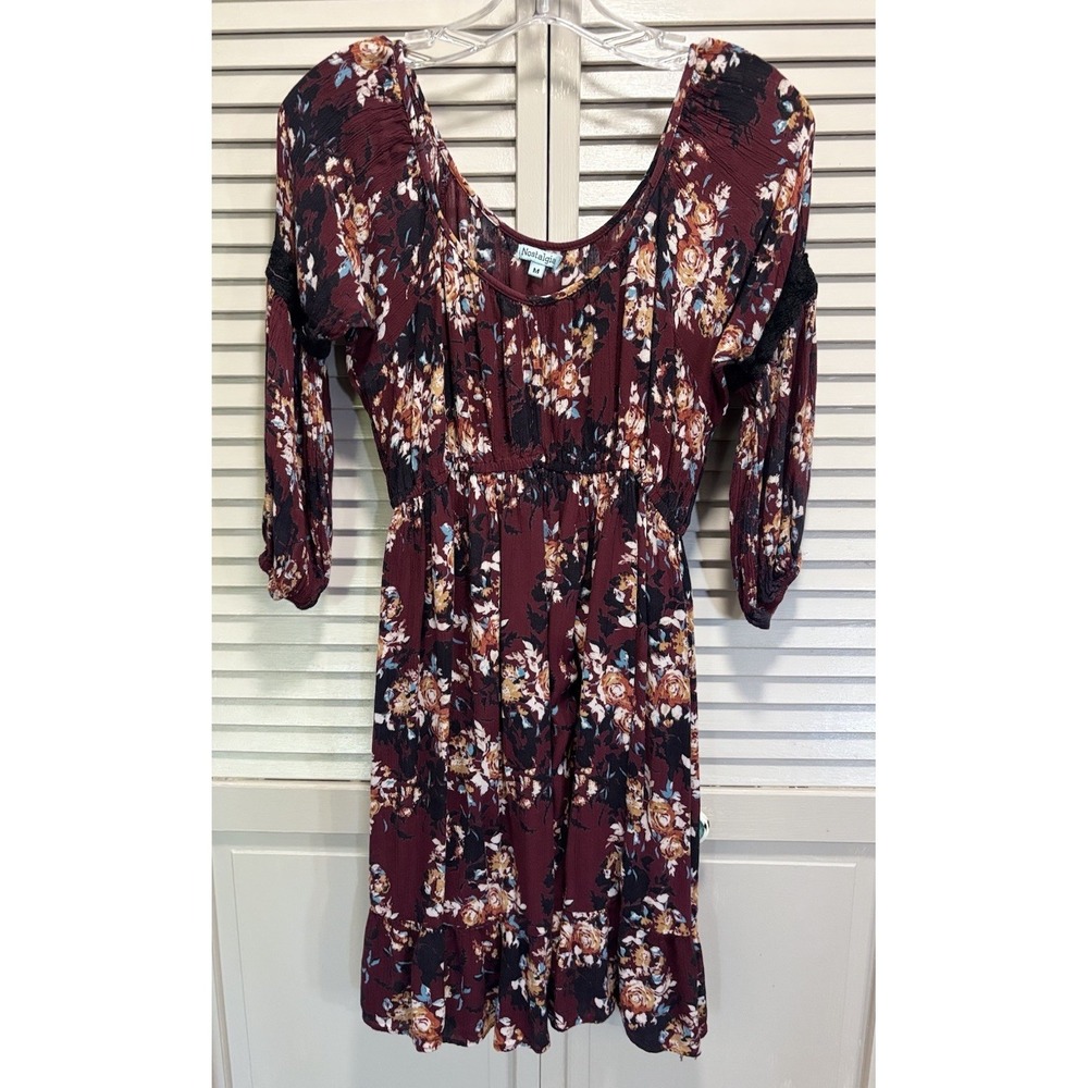 Nostalgia Floral Midi Dress Size M 3/4 Crochet Sleeve Scoop Burgundy/Cream Boho